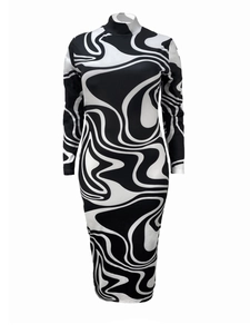 Detail view of bodycon midi dress featuring high collar and black white swirl patterns