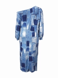 Detail of blue denim patchwork print on the one-shoulder long sleeve maxi dress