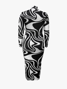 Detail of long sleeve bodycon dress featuring black and white abstract marble swirl pattern
