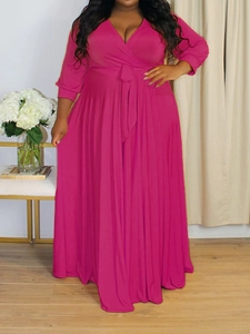 Elegant plus size rose red V-neck maxi dress with long sleeves and waist tie belt
