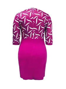 Detail of slim fit bodycon dress with purple leaf print and back invisible zipper
