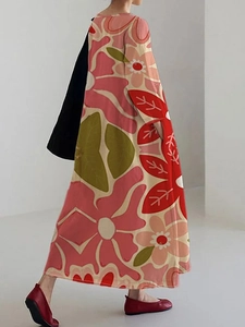 Floral print A-line maxi dress in loose fit with colorful patterns and long sleeves