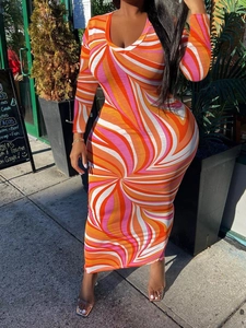 Robe Maxi Moulante à Imprimé Tourbillon Grande Taille pour Femmes Col en V Manches Longues Élégante Polyester Haute Élasticité