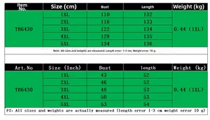 Detailed size chart in cm and inches for plus size long sleeve casual maxi dress
