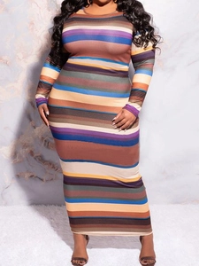 Plus Size Women Colorful Horizontal Striped Maxi Dress Round Neck Long Sleeve Bodycon Slim Fit Elegant Autumn Long Dress