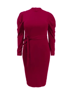 Detail view of burgundy long sleeve dress with puff shoulders and adjustable waist belt