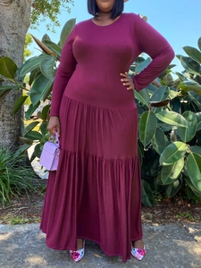 Elegant wine red tiered maxi dress with long sleeves and pleated design for curvy women