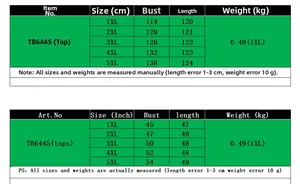 Size guide for women's plus size loose two-piece top showing CM and inch measurements