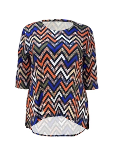 Detail of colorful zigzag wave print and asymmetrical high-low hem on women top