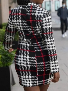 Slim fit long sleeve turtleneck plaid mini dress with black white and red pattern