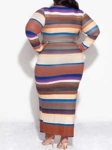 Plus size long sleeve slim fit maxi dress with colorful horizontal stripes in back view