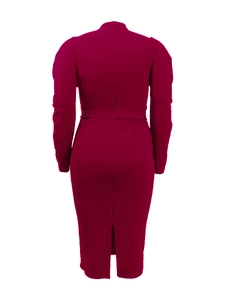 Detail of deep red midi dress featuring waist belt and middle back slit design