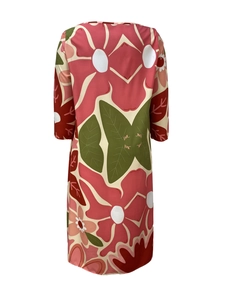 Rear view of loose casual midi dress with colorful artistic floral prints and round neck
