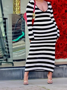 Slim fit black and white striped V-neck long sleeve dress with elegant knit texture