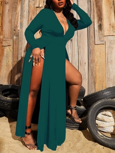 Deep green long sleeve maxi dress with plunging V-neck and high side slits for women