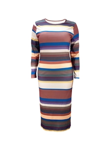 Detailed macro shot of multicolor horizontal stripes on slim fit long sleeve dress
