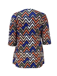 Detail view of multicolored chevron print and three-quarter sleeves on the loose tunic