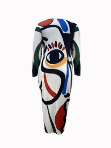 Close-up of vibrant pop art face print on a slim fit long sleeve elastic dress