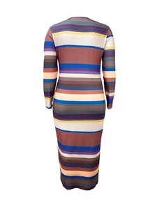 Close-up of multicolor horizontal stripes on a slim fit long sleeve knit dress back view