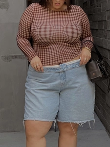 Dettaglio di pantaloncini di denim a vita alta con orli sfrangiati e top in mesh a quadri