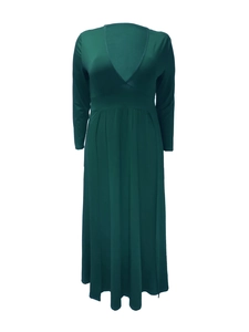 Detail of a dark green long-sleeve maxi dress featuring a deep V-neck and slim waist design