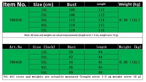 Detailed size chart for plus-size fashion dress showing bust and length in centimeters