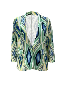 Detailed view of colorful geometric diamond pattern on a stylish women's blazer jacket