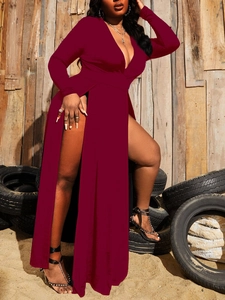 Sexy wine red plus size V-neck maxi dress with waist cinching and high side slits