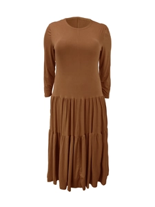 Detail of the pleated tiered layers on this long sleeve coffee brown midi dress