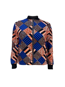 Detail of bomber jacket featuring African geometric prints and ribbed cuffs