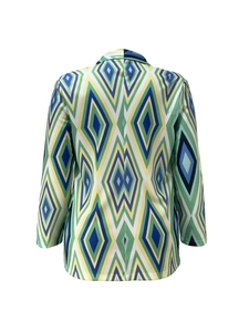Detail of multi-color geometric diamond pattern on women's long-sleeve blazer jacket
