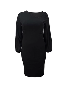 Detail of black long-sleeve knit dress with asymmetrical neckline and slim fit