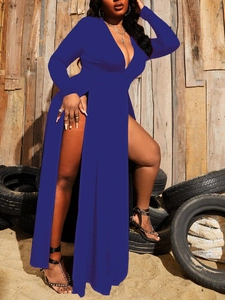 Navy blue long sleeve maxi dress with deep V-neck and high split for evening party