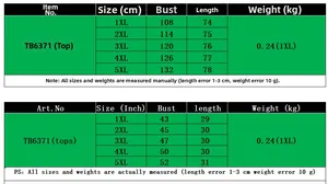 Size chart table for women's plus size printed casual V-neck long sleeve top 1XL to 5XL