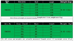 Size chart for solid short sleeve maxi dress TB6381 showing 1XL to 5XL measurements