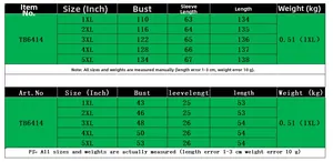 Size chart for women's V-neck dress TB6414 showing 1XL to 5XL in cm and inches