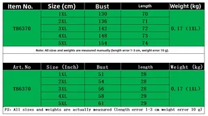 Size chart for women's V-neck long sleeve top TB6370 with 1XL to 5XL measurements
