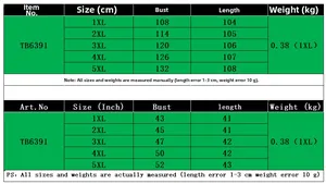Detailed size chart for plus size long sleeve dress with measurements in cm and inches