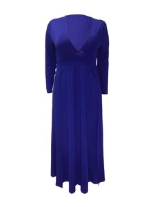 Detail showing deep V-neck and waist-defining cut of royal blue maxi dress