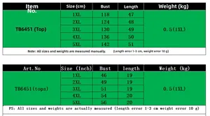 Tableau des tailles pour haut manches longues TB6451, tailles 1XL-5XL en CM et pouces