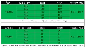 Detailed size chart for elegant plus size dress TB6465 from 1XL to 5XL with measurements
