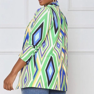 Women's long-sleeve blazer with vibrant geometric diamond print in green and blue