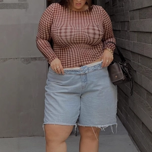 Maglietta da Donna Taglie Forti in Mesh a Manica Lunga con Stampa Plaid Girocollo Casual Top Trasparente Streetwear