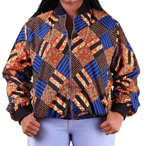 Women's bomber jacket with geometric print and ribbed trim on a white background