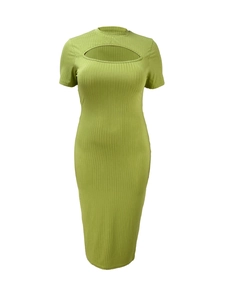 Detail of avocado green ribbed knit dress with unique cutout and slim fit design