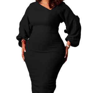 Elegant black slim-fit maxi dress with asymmetric V-neck and lantern sleeves
