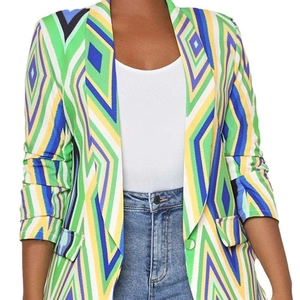Women's long sleeve blazer with colorful geometric print and notched lapels