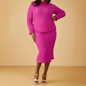Women Plus Size Popcorn Fabric Skirt Set Mock Neck Long Sleeve Top And Midi Skirt Rose Red Textured Casual Outfit