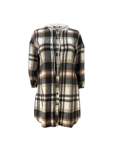 Detail of classic plaid pattern and button closure on women hooded shirt dress