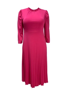 Detail of rose red pleated midi dress featuring bubble sleeves and a gathered waistline